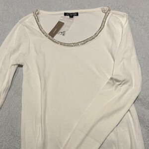 J. Crew Cream Long Sleeve Top with Embellished Neckline